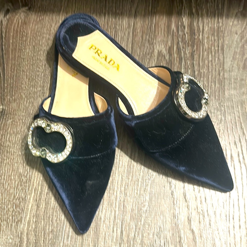 PRADA size 37 midnight blue velvet jeweled slides
